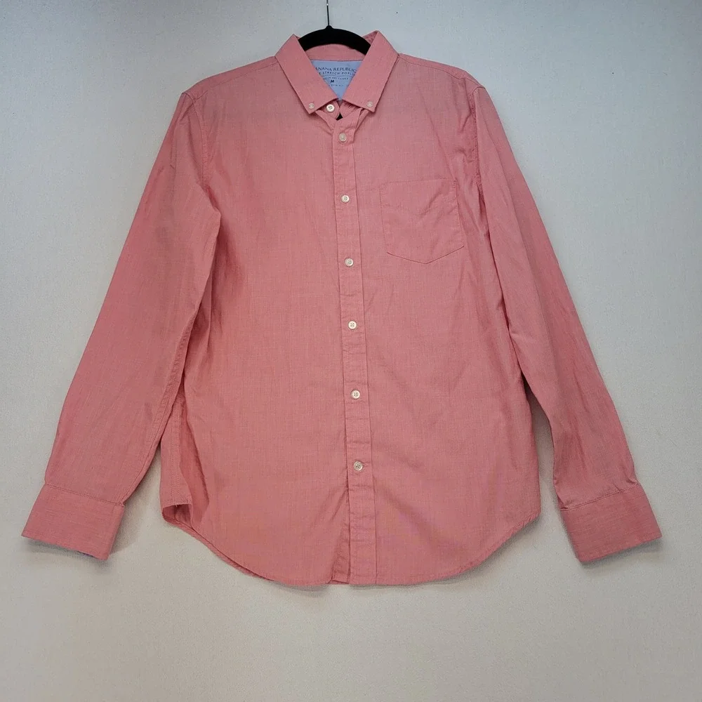 Banana Republic Shirt Mens Medium Coral Pink Grant Slim Fit Luxe Stretch Poplin